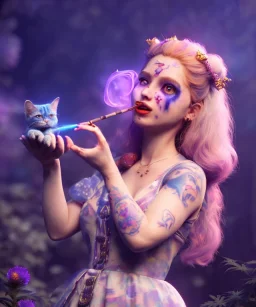 Ultra realistic wonderland photo, happy blonde woman smoking a shisha, blue dress, purple-cat friend, circus dress style, old school tattoo, smoke, marijuana garden, glow eyes, perfect iris, soft color, highly detailed, unreal engine 5, cinematic, ultra detail, volumetric lighting, high definition.