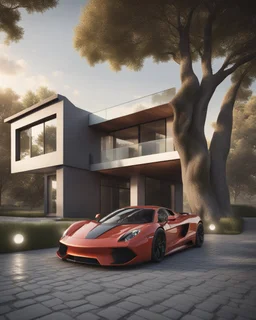 Modern apartment on the outskirts of a metropolitan city, with 2 supercars in the garage, with a beautiful background of the city, there are several trees next to it, it has a very strong impression, 3d rendering