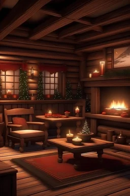 photorealistic image of christmas in a chalet with a fireplace
