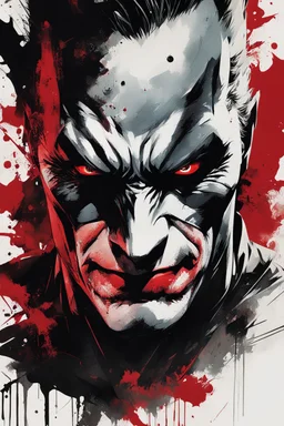 poster in two gradually, a one side half face Batman dark tones and other side half face Joker darkred tones, painting by Yoji Shinkawa,