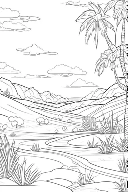 high resolution "realistic", 2D line art design,clean white clean sky background, for coloring page," oasis in the desert realistic" smooth vector illustration, monochrome,