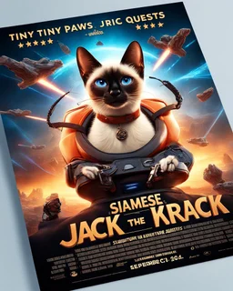 Create a realistic movie poster for 'Siamese Jack the Krack' featuring a siamese in an adventurous setting, with futuristic elements, dramatic lighting, and the tagline 'Tiny Paws, Epic Quests: Unleash the Adventure with Siamese Jack!' with a release date of September 13, 2024