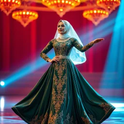 single women in elegant, long, flowing dress (possibly Azeri don or similar styled), made from rich fabrics like velvet or silk, adorned with intricate gold or silver embroidery, particularly on the bodice and sleeves. she wear delicate, often lace headscarves (kelaghayi) covering their hair, and traditional Azerbaijani jewelry (layered necklaces, large earrings, intricate wsilver belts with coin motifs). with dance shoes ,with dance shoes,at a opera modern stage with dynamic animating lights Th
