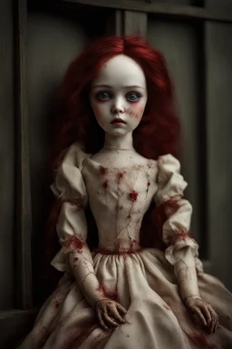 A hauntingly beautiful porcelain doll with small storms for eyes. Her skin is pale and cracked like porcelain. Her hair is red like wine with fire coming out. Her lips are sewn together except for one corner that is ripped and bleeding.