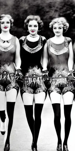 Four Ziegfeld Girls on leggings walking