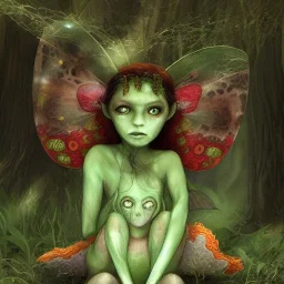 A portrait of a Little fairy woman with green skin and red long hair, sitting under the large Amanita muscaria mushroom in the magic forest, concept art, dark fantasy style, dark and spook, illustration, digital art, d&d, very cute,Masterpiece, best quality, sharp line, sharp focus, rear view : digital painting extremely detailed fantasy beautiful award winning high definition colourful very cute ,correct ai auto settings.