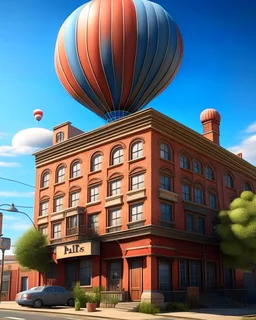 A photorealistic picture of a hot air balloon flying over the building shown in the picture