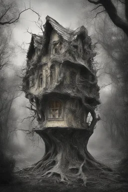 surrealis monochrome A fragmented, surreal sculpture liguid color of photorealistic image 3d,psychedelic art of a house surrounded by trees-glossy emerging from dreamlike a crumbling building. The face appears pale with deep cracks and intricate details, evoking a haunting expression. Blackened tree branches intertwine with the gold mengkilat cracks, set against a backdrop of stormy, cloud-filled skies. bauhaus art The overall tone is dark and moody, suggesting themes of decay and transfor