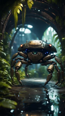 crab robot chivalry knight in dark lit reflective wet jungle metallic hall dome hotel tunnel, in the style of fallout 4 game,bokeh like f/0.8, tilt-shift lens 8k, high detail, smooth render, down-light, unreal engine, prize winning