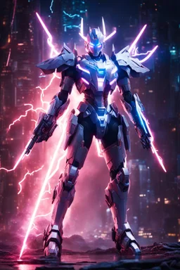 Gorgeous Photography realistic neon lightning around, epic scene of the super model Guardian with fully armor cyborg gundam robotic,full body, lightning, sharp focus, fantasy, concept art, dynamic lighting, epic composition