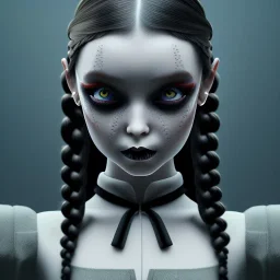 Wednesday Addams, Wednesday with braids standing with her arms crossed, dark, hyper detail, octane render, unreal engine 5, photorealistic, 8k resulation