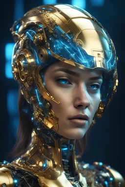 woman wearing a cyberpunk style shiny and slimy gold helmet with robotic features, the reflection on her face is made of glowing blue wires with intricate details, hyper realistic photography in the style of editorial pose, photorealistic, 8k, high render --v 6. 0 --ar 9:16