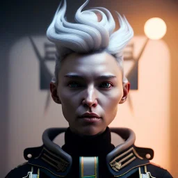 White hair, military Woman, captain, army, cyberpunk, cold ambient, highly detailed, art stations, concept art, smooth, unreal engine 5, god rays, ray tracing, RTX, lumen lighting, ultra detail, volumetric lighting, 3d, finely drawn, high definition, high resolution, gradient background