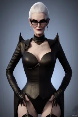 Carmen Dell`orifice as evil queen in black leather, leather, busty, cleavage, angry, stern look. character design by cory loftis, fenghua zhong, ryohei hase, ismail inceoglu and ruan jia. unreal engine 5, artistic lighting, highly detailed, photorealistic, fantasy