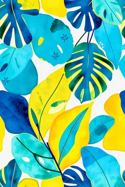 seamless pattern A vibrant, abstract water colors painting featuring a colorful arrangement of organic large shapes, textures, and big patterns in shades of cyan, turquoise, light blue, royal blue, and yellow . The white background has a lush, large tropical feel with a golden outline