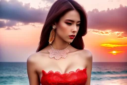 very nice real face beautiful sexy roman with make up at the beach standing pose in a short lace red and silver dress, full body, 3D cloudy sky volumetric nice clouds 8k sharp focus,sunset,golden hour,medium shot