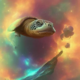 Digital art of a wise turtle, background = galaxy, stationary,