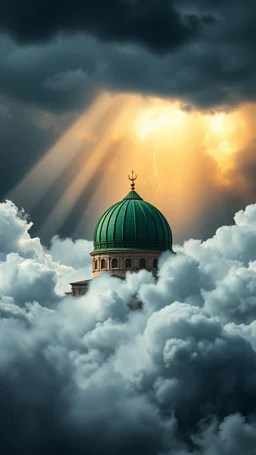 The majestic green dome of Masjid al-Nabi, hovering above swirling clouds, emerges from the heart of a raging storm. Turbulent winds of steam swirl around the iconic structure, lit by shafts of sunlight that cast dramatic shadows on the surrounding clouds. A storm rages and thunder lights up the dark sky, yet the mosque remains calm and quiet, its green dome a beacon of peace in the midst of chaos.