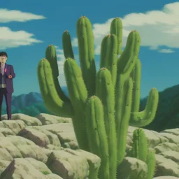 A cactus wearing a suit and tie, standing at a podium giving a speech to a group of other cacti