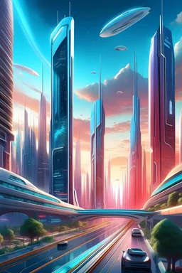 Create an image that portrays a futuristic cityscape inspired by Midjourney's vision. Showcase towering skyscrapers, advanced transportation systems, and a vibrant, multicultural society. Highlight the integration of technology into daily life, from smart infrastructure to augmented reality interfaces.