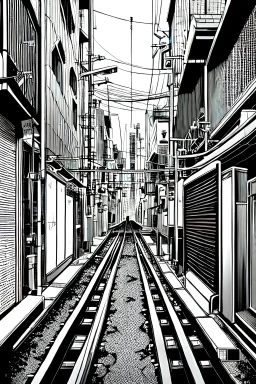 Tokyo alley, line arts, greyscale