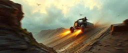 mega blasting fast, so freaking fast, faster than a greased muscle shiny cowboy disco funk fusion fluffy man gremlin monkey pig on a runaway mud train jumping over the cliff . speed and energy, painted by Rembrandt and fallout 4, straight down a muddy slide