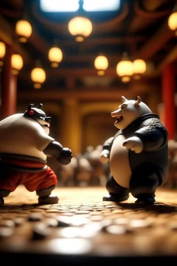 battle between fat cow and kung fu master in temple,shot on Hasselblad h6d-400c, zeiss prime lens, bokeh like f/0.8, tilt-shift lens 8k, high detail, smooth render, down-light, unreal engine, prize winning