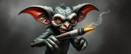 air brush 3d with pen outline, mongrel goblin gremlin holding fork , charcoal fog border