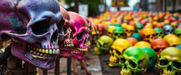 a field of skulls, multi colored, bright, vivid, psychedelic, high detailed, matte, , horrorcore, lining the street, unsettling contrast