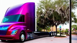 A Tesla semi-truck is parked, in the 'Islands of Adventure, Universal', in Orlando, Florida. CINEMATIC. WIDE ANGLE LENS.