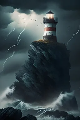 lighthouse on rock outcrop, stormy sea, Dark clouds, digital art