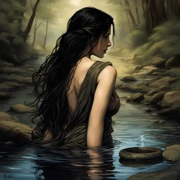 a strikingly beautiful woman, engrossed in washing her long hair in the gentle waters of a crystal-clear stream. She exudes a relaxed aura, casually smoking a large, thick cigar. Unbeknownst to her, the scene takes a dramatic turn as the background reveals a colossal snake, its presence ominous yet subtly blended into the natural surroundings, poised for an ambush. The image should be rich in detail, emphasizing the contrast between the woman's serene moment and the lurking danger of the giant