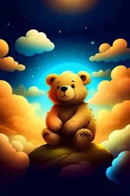 Central Illustration: A friendly and adorable teddy bear is in the spotlight, depicted sitting under a majestic, dream-filled sky. The bear is illustrated with a soft, fuzzy texture, inviting children to touch and feel it. Its warm, friendly eyes exude comfort and trust, promising a wonderful story ahead.