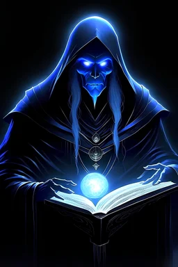 men, black eyes, black cloak, necromancer, glowing light-blue hair, necronomicon book,
