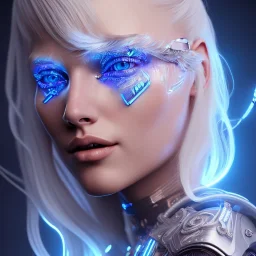 A beautiful portrait of a cute smiling cyberpunk woman, long blond platinum hair, high key lighting, volumetric light high details with blue and white stripes and feathers and white celtic paterns, beam starry background