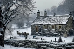 Vintage image of Snow falling heavily in the Cotswald area of England. A stone cottage with smoke coming out of the chimney. Surrounded by stone fences. In the background a startled group of deer look this way. A thick forest behind them.
