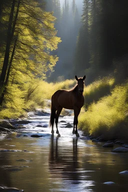 This is amazing! I love how the light glints off everything, giving stark contrast to the shadows. There must be some deer or elk up ahead since the horse has his ears perked forward and with an intent gaze of interest. The young lady looks like she is enjoying herself alone with her friend while plodding downstream through the lazy creek. Thank you for sharing. Beautiful artwork!