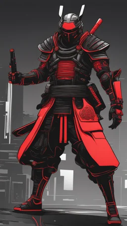 dibujo de contorno de un Samurái negro y rojo con traje cyberpunk full body