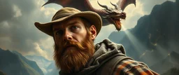 master oil painting by Rembrandt, close up portrait of farmer in valdres below raging dragon, light beams through volume fog sky in mountain pass, dragon cast spells of lightening