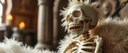 close up on fluffy laughing skeleton in a heretic place shaking