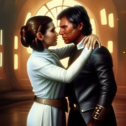 carrie fisher embracing harrison ford, waist up portrait, intricate, oil on canvas, masterpiece, expert, insanely detailed, 4k resolution, cinematic smooth, intricate detail , soft smooth lighting, soft pastel colors,