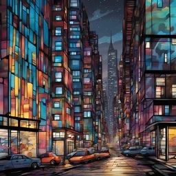 Urban Landscapes: City skyline at night Graffiti-covered walls in an urban alley Busy street with colorful storefronts Skyscrapers reflecting in glass facades
