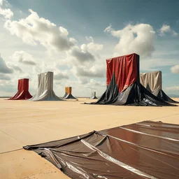 Fotografia di una superficie piatta di colore beige chiaro e giallo pastello, su cui si ergono alcuni gigantesche immense enormi strutture di forma indefinita, fatte di materiali vari, ricoperte da materiale plastico argentato, rosso, e nero, che scende a terra. Max Ernst, Joan Miró, Piet Mondrian, paranoic, obsessive, nightmare, aria aperta, sole, nuvole, glossy, surreal, hasselblad h6d400c --ar 85:128 --v 6.