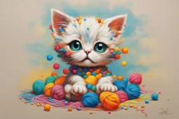 cute chibi kitten in colourful, soft cotton yarn balls in sunshine Weight:1 surrealism Salvador Dali matte background melting oil on canvas Weight:0.9