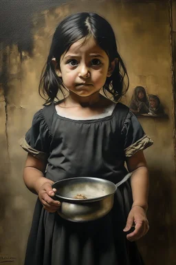 an expressive painting of a 3 years old girl poor with black hair and Ruth clothes standing in line with out her children’s asking for food holding a pan in her hand painting, with Palestinian flag in the background, we might see a companion with features of absolute strength and determination, blended with warmth and deep faith. Perhaps his face expresses wisdom and courage, with eyes radiating confidence and faith.