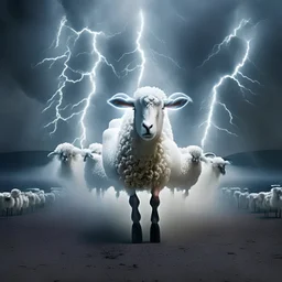 White Hardstyle sheep passes by in hell with lightnings, electric power and dust