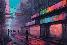 painting of a cyberpunk colourful walkway in the city with pollution by michaelangelo