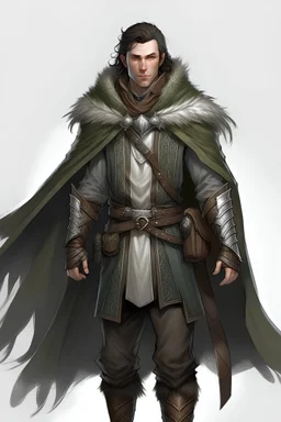 male elvish ranger wearingleather armor, a gray cloak and a mantle of brown feathers