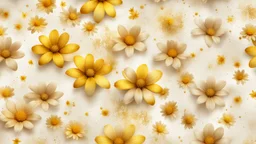 Hyper Realistic Beige-&-Yellow small-multicolor-flowers With Glowing Golden Embers On Off-White Grunge Background.