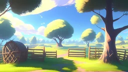 A simple and cute video game environment concept art of a little fantasy farm with fences, hay, crops, soft and simple, islands in the sky, bubbles, trees, water, soft pastel colours, hues, intriguing, peaceful and serene, by makoto shinkai and thatgamestudio, artstation